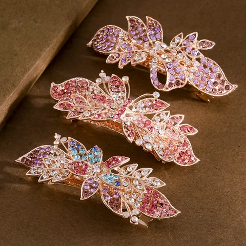 Pinza de Pelo Grande de Strass Aleación Floral Lazo Pinza de Resorte Elegantes Pinzas de Cristal para el Cabello para Mujeres Accesorios de Estilo