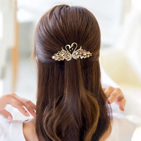 Women Fashion Double Swan Hair Clip Metal Rhinestone Crystal Hairpin Elegant Ponytail Holder Hair Accessories