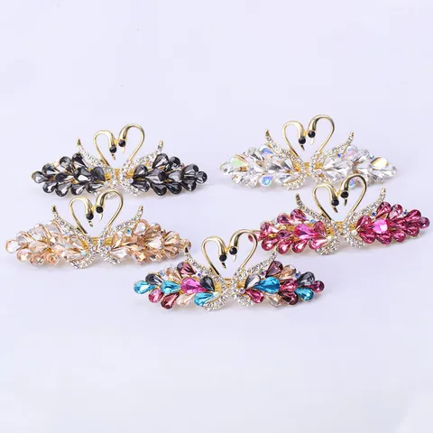Women Fashion Double Swan Hair Clip Metal Rhinestone Crystal Hairpin Elegant Ponytail Holder Hair Accessories
