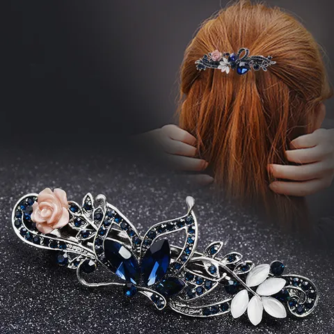 Vintage Alloy Rhinestone Spring Hair Clip Floral Hair Barrettes Crystal Flower Hair Accessories For Women Daily Party