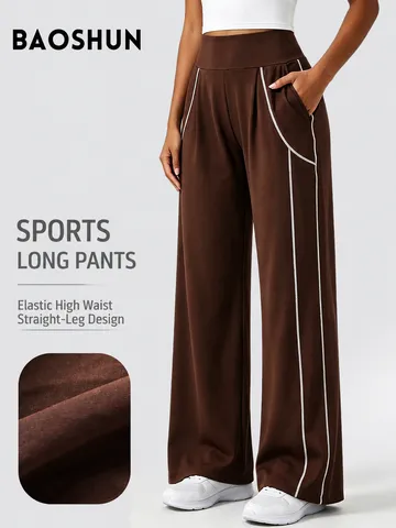 Women High Waist Straight Leg Yoga Pants Casual Sports Wide Leg Trousers With Side Piping Design Activewear