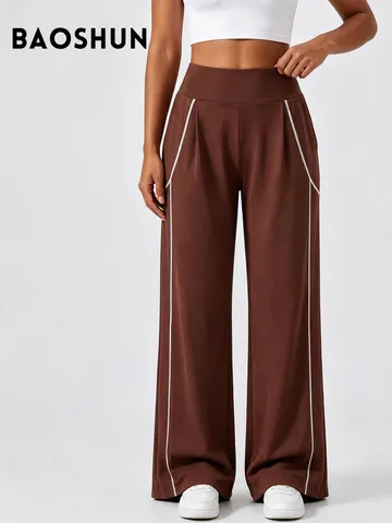 Women High Waist Straight Leg Yoga Pants Casual Sports Wide Leg Trousers With Side Piping Design Activewear