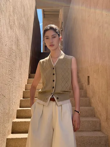 Women Contrast Color V Neck Argyle Hollow Out Knitted Vest Loose Sleeveless Sweater Waistcoat Cardigan Casual Top
