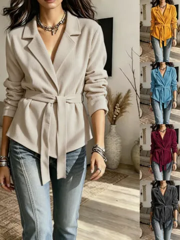 Women's Corduroy Notch Lapel Jacket With Belt Solid Color Long Sleeve Blazer Autumn Winter Fashion Commuting Outerwear Top