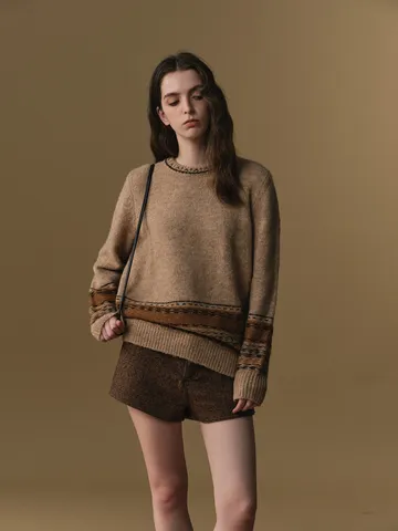 Fair Isle Thick Sweater Set With Knit Hat Women Oversized Lazy Knitted Pullover Winter Casual Polyester Nylon Wool Top