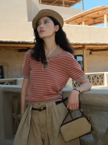 Women Vintage Stripe Polo Knit Top Cotton Short Sleeve Contrast Collar Button Loose Sweater For Early Autumn