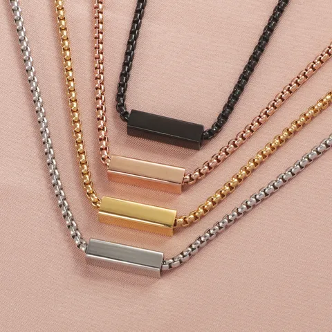 Stainless Steel Square Tube Pendant Necklace Minimalist Geometric Box Chain For Couples Men Women Fashion Jewelry