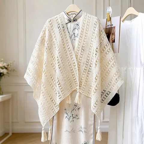 Women Retro Resort Hollow Knit Fringe Cardigan Sun Protection Shawl Solid Color Elegant Casual Outerwear Cape
