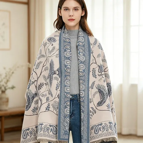 Women Winter Warm Scarf Retro Ethnic Paisley Floral Print Imitation Cashmere Long Shawl Wrap Versatile Neck Cover