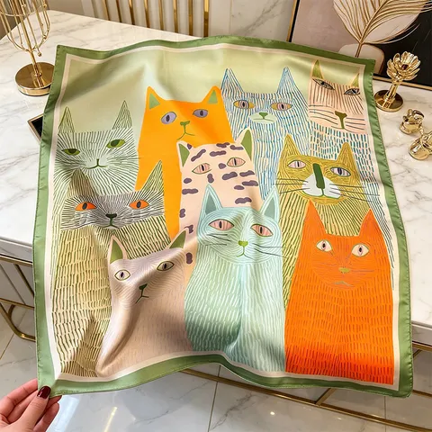 Women Satin Square Scarf Artistic Oil Painting Cat Print Lightweight Soft Fashion Decorative Neck Scarf For Daily Wear