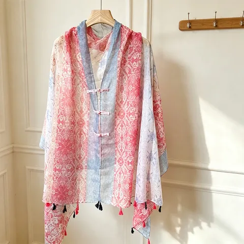 Women Ethnic Style Sun Protection Shawl Polyester Lightweight Tassel Cape With Chinese Knot Travel Beach Scarf