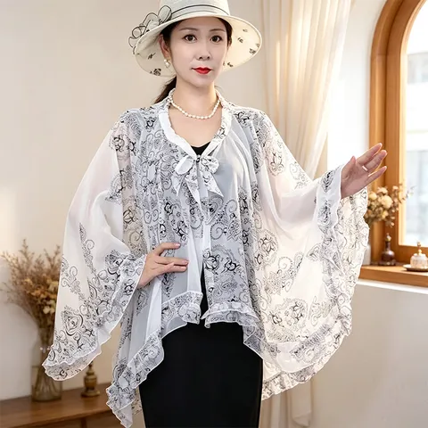 Women Summer Thin Chiffon Shawl Floral Print Lace Fringe Cape Sun Protection Outerwear Cloak Scarf