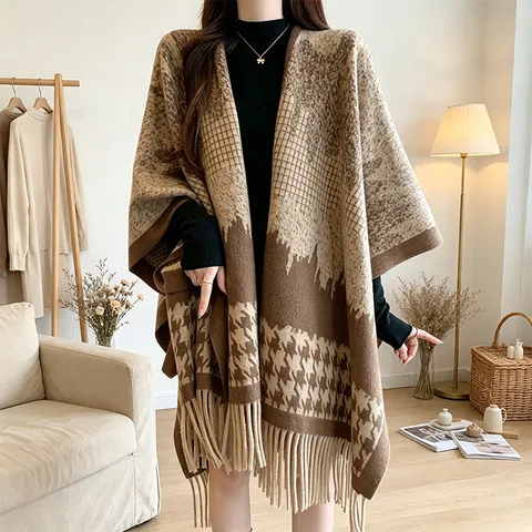 Autumn Winter Maillard Plaid Striped Shawl Korean Style Tassel Cape Travel Photography Warm Outerwear Scarf