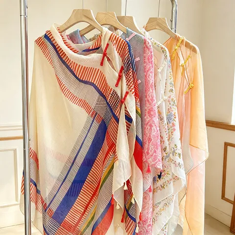 Women Ethnic Style Sun Protection Shawl Polyester Lightweight Tassel Cape With Chinese Knot Travel Beach Scarf