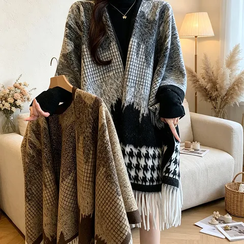 Autumn Winter Maillard Plaid Striped Shawl Korean Style Tassel Cape Travel Photography Warm Outerwear Scarf