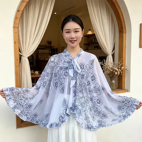 Women Summer Thin Chiffon Shawl Floral Print Lace Fringe Cape Sun Protection Outerwear Cloak Scarf