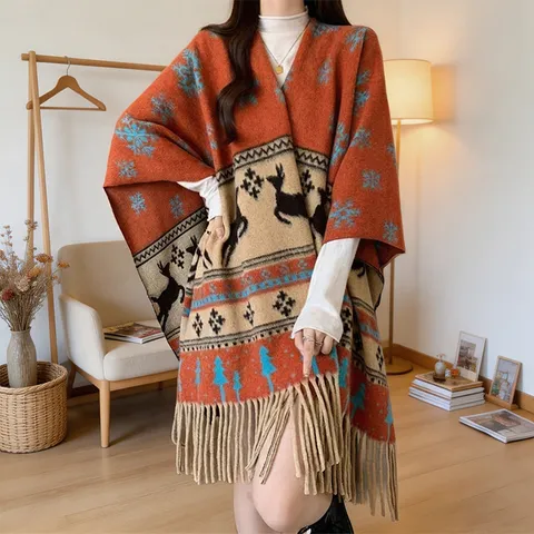 Winter Warm Tassel Shawl Poncho Women Retro Ethnic Style Deer Pattern Faux Cashmere Cape Scarf Travel Outerwear