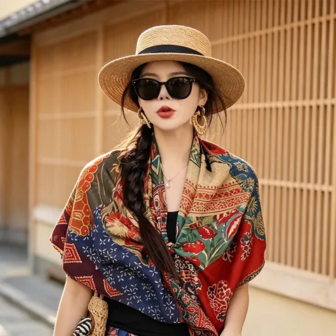 French Vintage Floral Print Large Square Scarf Women Elegant Lightweight Silk Feel Fashion Shawl Neck Scarf For Travel Daily