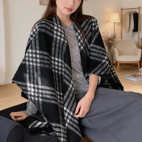 Women Winter Warm Plaid Shawl Elegant Tassel Cape Retro British Style Outerwear Polyester Soft Large Blanket Scarf