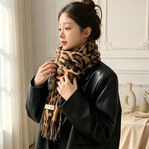 Retro Leopard Print Tasseled Scarf For Women Autumn Winter Warm Long Shawl Fashion Chic Faux Cashmere Neck Scarf