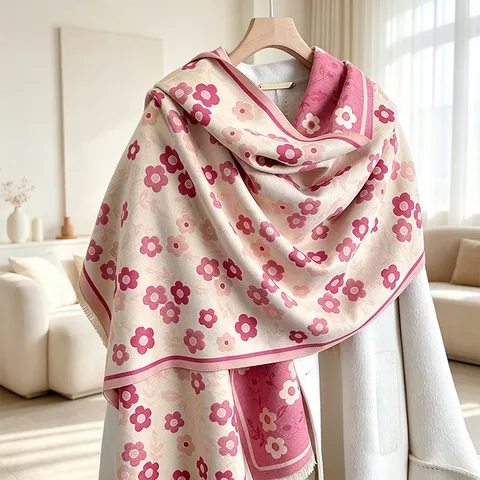 Womens Imitation Cashmere Scarf Floral Print Double Sided Warm Winter Thickened Shawl Fashion Long Scarf