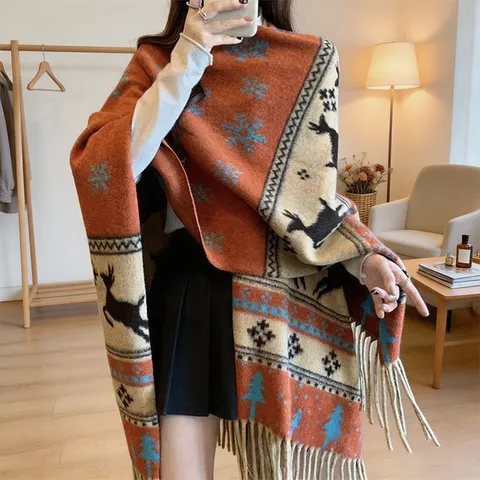 Winter Warm Tassel Shawl Poncho Women Retro Ethnic Style Deer Pattern Faux Cashmere Cape Scarf Travel Outerwear