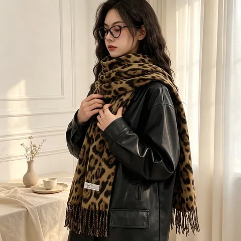 Retro Leopard Print Tasseled Scarf For Women Autumn Winter Warm Long Shawl Fashion Chic Faux Cashmere Neck Scarf