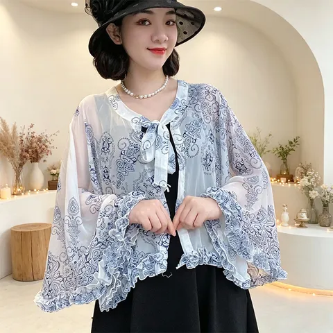 Women Fashion Printed Chiffon Shawl Ruffle Cape Sunscreen Lightweight Versatile Blue And White Porcelain Design