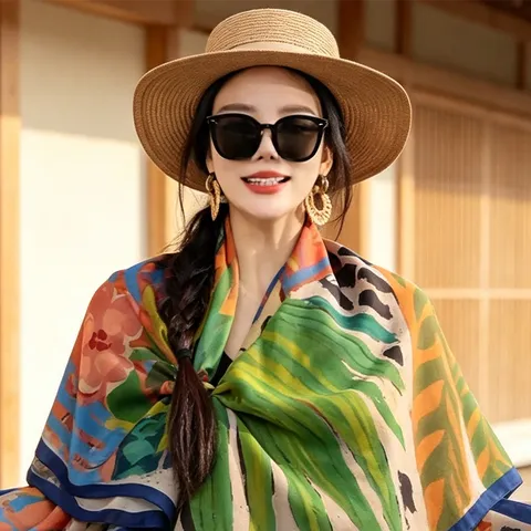 French Vintage Floral Print Large Square Scarf Women Elegant Lightweight Silk Feel Fashion Shawl Neck Scarf For Travel Daily