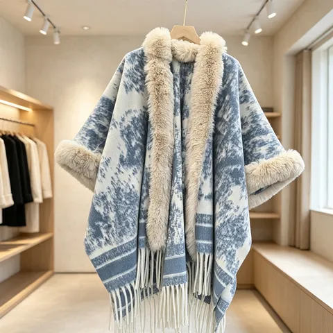 Women Winter Imitation Cashmere Shawl Cape Coat Knitted Wrap With Faux Fur Collar And Tassels Elegant Warm Outerwear
