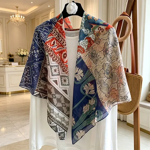 Women Retro Printed Square Scarf Fashion Polyester Sunscreen Shawl Summer Scarf All Match Decorative Headscarf