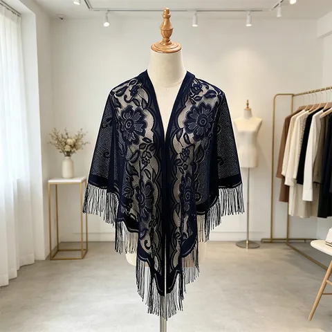Women Elegant Lace Hollow Out Triangle Scarf Shawl Lightweight Tassel Fringe Stole Wrap For Daily Party