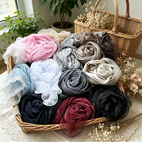 Women Lightweight Pleated Scarf Breathable Wavy Texture Sun Protection Shawl Versatile Minimalist Solid Color Scarf