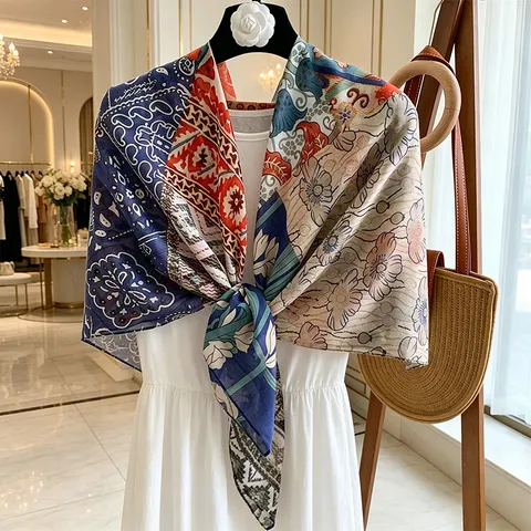 Women Retro Printed Square Scarf Fashion Polyester Sunscreen Shawl Summer Scarf All Match Decorative Headscarf