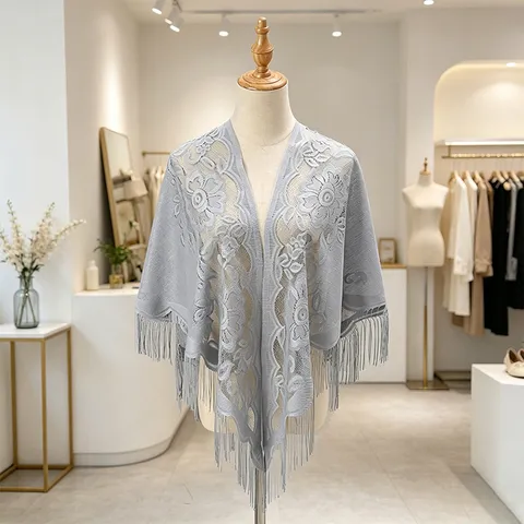 Women Elegant Lace Hollow Out Triangle Scarf Shawl Lightweight Tassel Fringe Stole Wrap For Daily Party