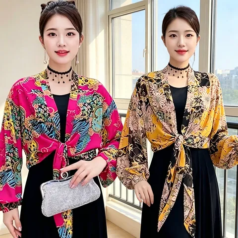 Women Summer Thin Sun Protection Shawl Chiffon Ice Silk Cardigan Long Sleeve Floral Vintage Casual Beach Cover Up Top