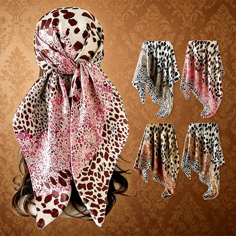 Women Fashion Leopard Print Square Scarf Satin Polyester Chic Headscarf Daily Versatile Neck Scarf Hair Accessories