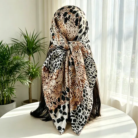 Women's Leopard Print Square Scarf Retro Satin Feel Hair Scarf Versatile Neck Scarf Fashion Head Scarf