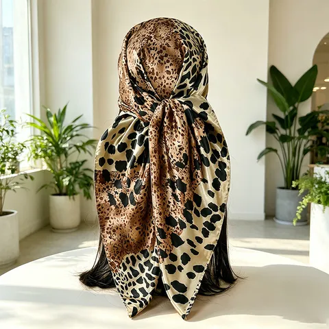 Women's Leopard Print Square Scarf Retro Satin Feel Hair Scarf Versatile Neck Scarf Fashion Head Scarf