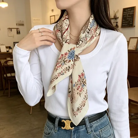 Retro Floral Square Scarf Polyester Stylish Printed Neck Scarf Hair Tie Scarf For Women Fashion Accessories