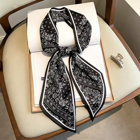 Fashion Women Long Ribbon Scarf Slim Twilly Houndstooth Paisley Printed Neck Scarf Silk Feel Hair Band Bag Scarf