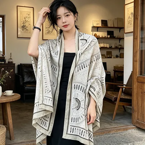 Women Ethnic Geometric Print Lightweight Scarf Fashion Travel Sun Protection Shawl Soft Breathable Long Scarf
