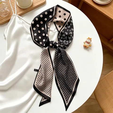 Fashion Women Long Ribbon Scarf Slim Twilly Houndstooth Paisley Printed Neck Scarf Silk Feel Hair Band Bag Scarf