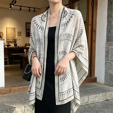 Women Ethnic Geometric Print Lightweight Scarf Fashion Travel Sun Protection Shawl Soft Breathable Long Scarf