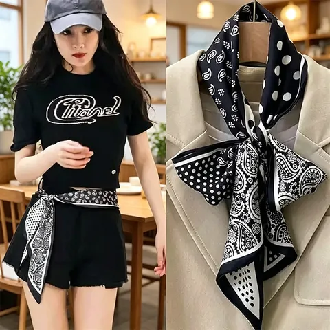 Women Fashion Retro Polka Dot Paisley Print Long Scarf Lightweight Polyester Neckerchief Elegant Decorative Scarf