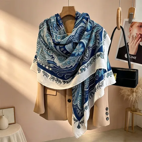 Women Fashion Polyester Scarf Ethnic Paisley Print Square Shawl Vintage Sunscreen Lightweight Travel Neck Scarf