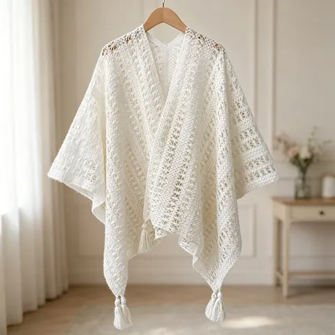 Women Retro Resort Hollow Knit Fringe Cardigan Sun Protection Shawl Solid Color Elegant Casual Outerwear Cape