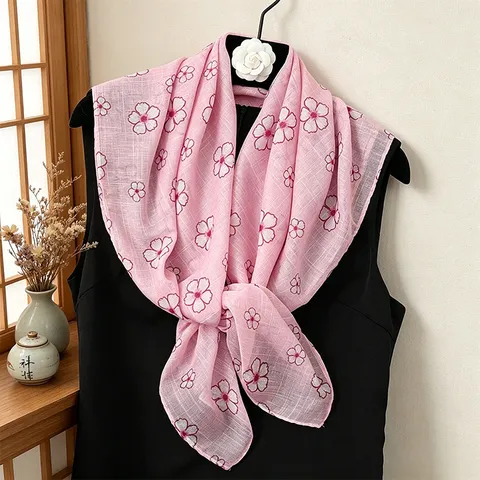 Women Fashion Floral Print Square Scarf Lightweight Breathable Polyester Neck Scarf Sweet Style Daily Accessories