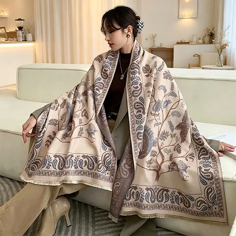 Women Winter Warm Scarf Retro Ethnic Paisley Floral Print Imitation Cashmere Long Shawl Wrap Versatile Neck Cover