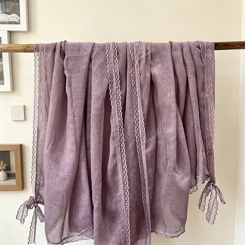 Women Summer Lightweight Scarf Lace Trim Floral Shawl Versatile Sun Protection Beach Wrap For Travel Daily